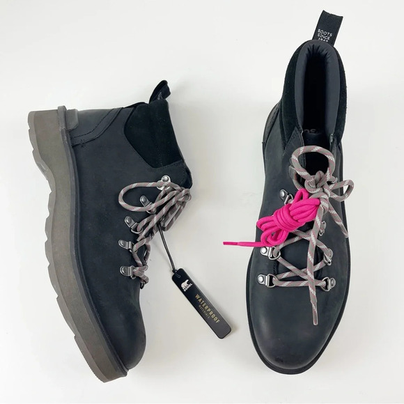 NWT Sorel Hi Line Hiking Boots Womens 11 Black Jet Lace Up Waterproof - Picture 1 of 10